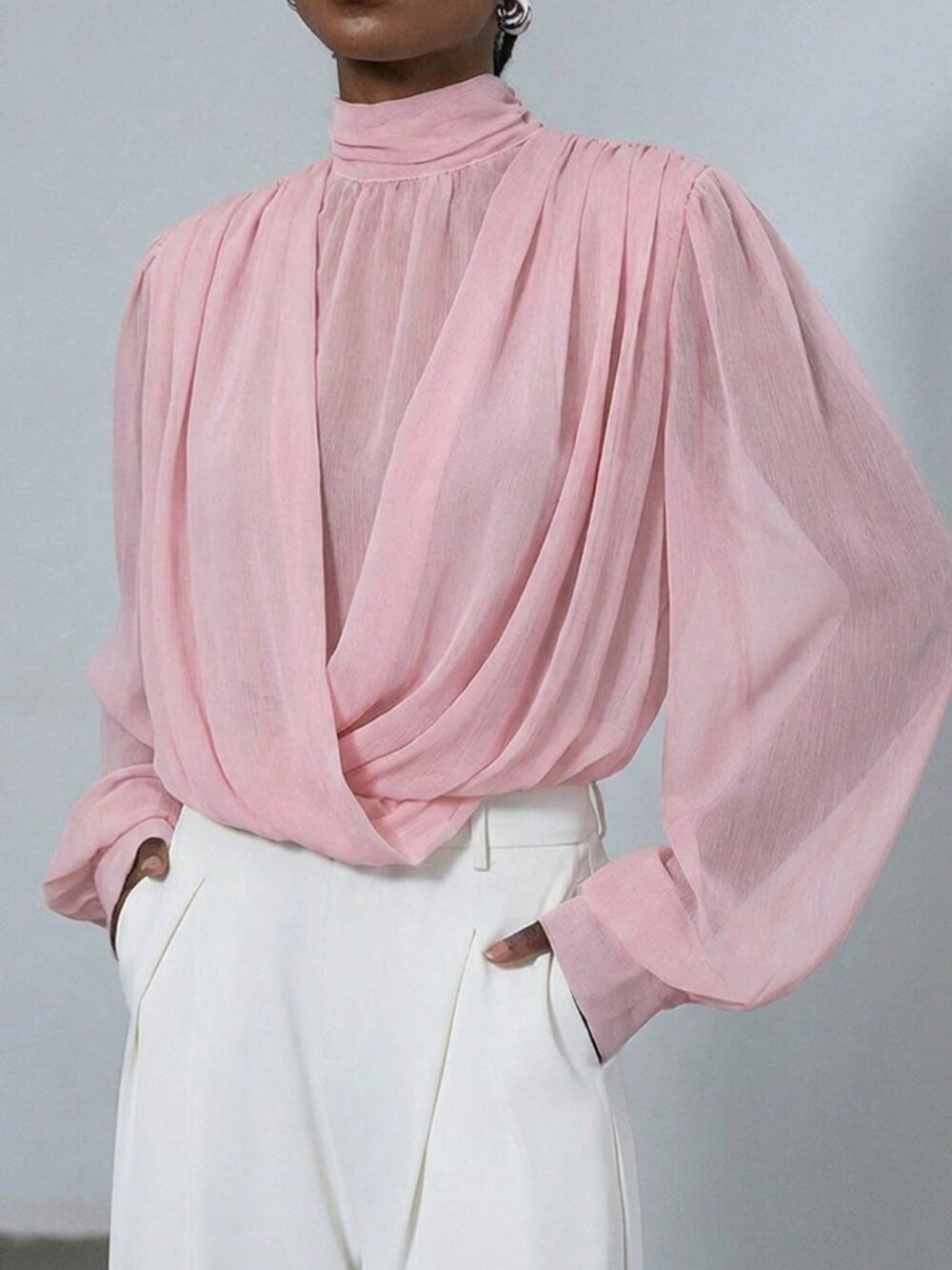 Pink Elegant Women's Draping Mock Neck Sheer Blouse